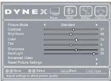DYNEX Picture Mode Standard Contrast 57 Brightness 48 Color 70 Tint 0 Sharpness 65 Backlight 29 Advanced Video Reset Picture Settings Move Select None/ Back Exit Exit Arrow settings to affect picture quality