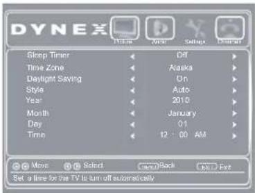 Dynex Sleep Timer Time Zone Daylight Saving Style Year Month Day Time Off Alaska On Auto 2010 January 01 12:00 AM Move Select Back Exit Set a line for the TV to turn off automatically