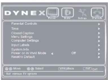 DYNEX Parental Controls Time Closed Caption Menu Settings Computer Settings Input Labels System Info Power or in Vivid Mode Reset to Default Move Select Off Back Exit Set various TV springs