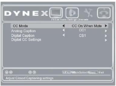 Dynex CC Mode Analog Caption Digital Caption Digital CC Settings CC On When Mute CG1 CS1 Adjust Closed Captioning settings