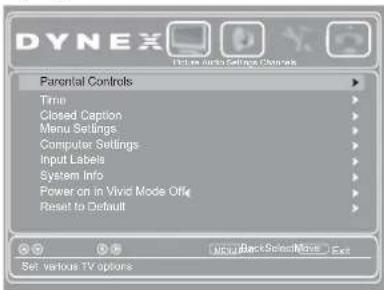 DYNEX TEN-10000000000000000000000000000000000000000000000000000000000000000000000 Parental Controls True Closed Caption Menu Settings Computer Settings Input Labels System Info Power on in Vivid Mode Off Reset to Default Set: various TV options New Black-Sales Mode Exit