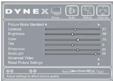 DYNEX Picture Mode Standard Contrast Brightness Color Tint Sharpness Backlight Advanced Video Reset Picture Settings 57 48 70 0 65 29 Adjust settings to affect picture quality