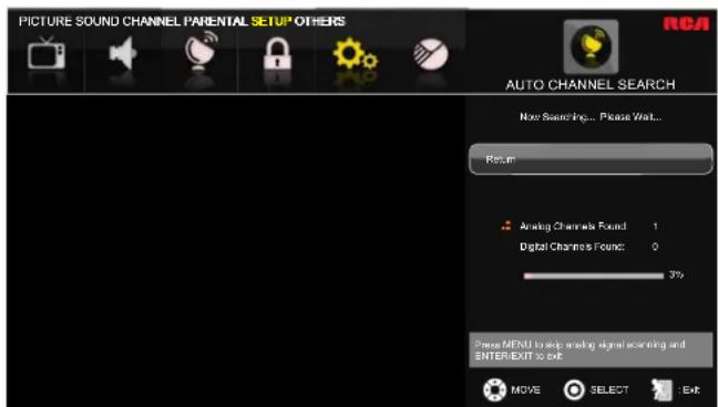 PICTURE SOUND CHANNEL PARENTAL SETUP OTHERS RCA AUTO CHANNEL SEARCH Now Searching... Please Wait... Return Analog Channels Found: 1 Digital Channels Found: 0 3% Press MENU to skip analog signal scanning and ENTER/EXIT to exit MOVE SELECT Exit