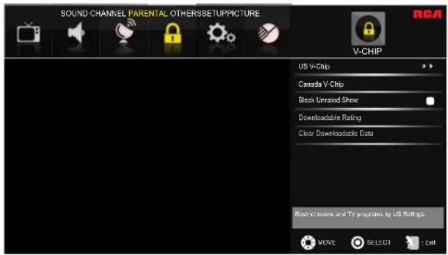 SOUND CHANNEL PARENTAL OTHERSSETUPPICTURE V-CHIP US V-Chip Canada V-Chip Black Unrated Show Downloadable Rating Clear Downloadable Data Read it movie and TV programs by US Ratings MOVE SELECT : Exit