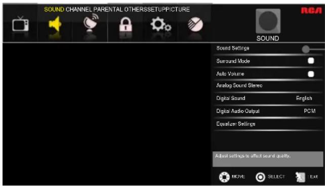 SOUND CHANNEL PARENTAL OTHERSSETUPP/CTURE SOUND Sound Settings Surround Mode Auto Volume Analog Sound Stereo Digital Sound English Digital Audio Output PCM Equalizer Settings Adjust settings to affect sound quality. MCME SELECT EAR