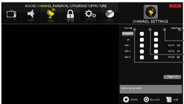 SOUND CHANNEL PARENTAL OTHERSSETUPPICTURE RCAI CHANNEL SETTINGS Control Label Signal A1 A4 D01 1 D02 2 D03 3 KOSF 10 KOSF 8D KOSF LE Page 1.1 Adjust parameters MOVE SELECT : Exit