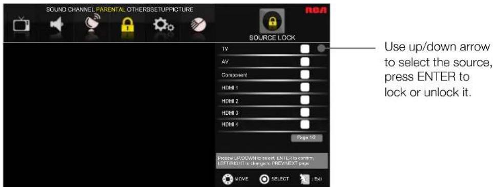 SOUND CHANNEL PARENTAL OTHERSSETUPPICTURE SOURCE LOCK TV AV Component HDMI 1 HDMI 2 HDMI 3 HDMI 4 Page 12 Use up/down arrow to select the source, press ENTER to lock or unlock it. Please UP/DOWN to select, ENTER to confirm, LEFT RIGHT to change or PRE/WEST PEAS MOVE SELECT Exit