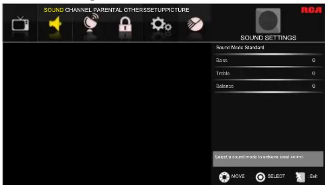 SOUND CHANNEL PARENTAL OTHERSSETUPPICTURE RCA SOUND SETTINGS Sound Mode Standard Boss 0 Tracilla 0 Balance 0 Select a sound mode to achieve level sound. MOVE SELECT Exit