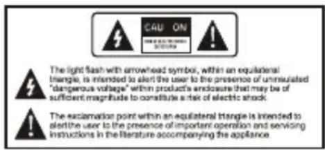 The light flash with arrowhead symbol, within an equilateral triangle, is intended to alert the user to the presence of uninsulated "dangerous voltage" within product's enclosure that may be of sufficient magnitude to constitute a risk of electric shock. The exclamation point within an equilateral triangle is intended to alert the user to the presence of important operation and servicing instructions in the literature accompanying the appliance.