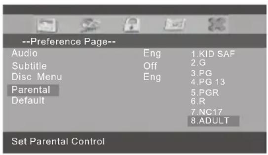 --Preference Page-- Audio Eng 1.KID SAF Subtitle Off 2.G Disc Menu Eng 3.PG Parental 4.PG 13 Default 5.PGR 6.R 7.NC17 8.ADULT Set Parental Control