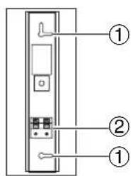 Diagram of a device rear panel with labeled ports and connectors, showing numbered parts 1 and 2.