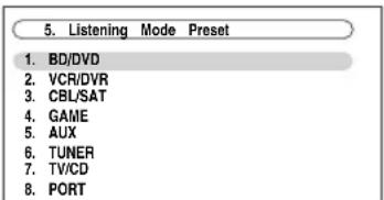 5. Listening Mode Preset 1. BD/DVD 2. VCR/DVR 3. CBL/SAT 4. GAME 5. AUX 6. TUNER 7. TV/CD 8. PORT