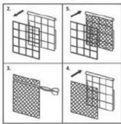 Four-panel diagram illustrating a folding or cutting process with grid patterns and scissors, labeled 1 to 5.