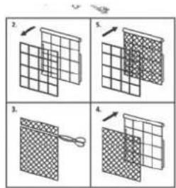 Four-panel diagram illustrating a folding or cutting process with labeled steps and grid patterns
