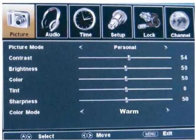 Picture Audio Time Setup Lock Channel Picture Mode Personal Contrast 54 Brightness 50 Color 50 Tint 0 Sharpness 50 Color Mode Warm Select Move MENU Exit