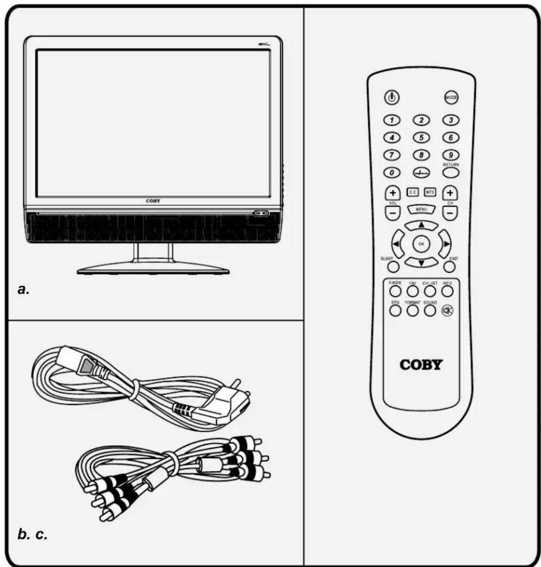 a. b. c. COBY NODE 1 2 3 4 5 6 7 8 9 0 + C:G MRS + VOL MENU CH - OK SLEEP EXIT RAMORE FAY CH:LIST INFO EDD FORMAT SOUND COBY