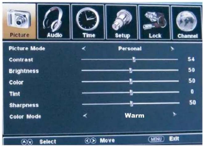 Picture Audio Time Setup Lock Channel Picture Mode Personal Contrast 54 Brightness 50 Color 50 Tint 0 Sharpness 50 Color Mode Warm Select Move MENU Exit