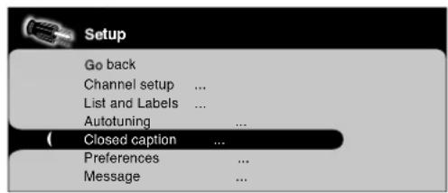 Setup Go back Channel setup ... List and Labels ... Autotuning ... Closed caption ... Preferences ... Message ...