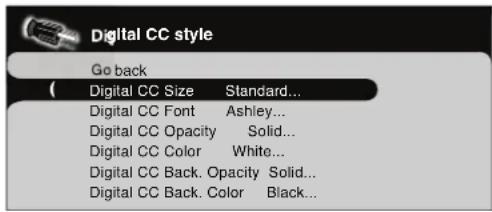 Digital CC style Go back ( Digital CC Size Standard... Digital CC Font Ashley... Digital CC Opacity Solid... Digital CC Color White... Digital CC Back. Opacity Solid... Digital CC Back. Color Black...