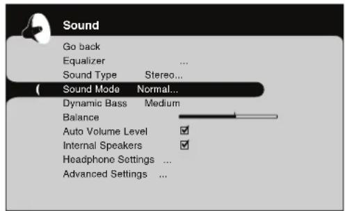 Sound Go back Equalizer ... Sound Type Stereo... Sound Mode Normal... Dynamic Bass Medium Balance Auto Volume Level ✓ Internal Speakers ✓ Headphone Settings ... Advanced Settings ...