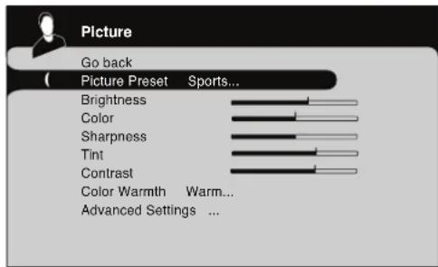 Picture Go back Picture Preset Sports... Brightness Color Sharpness Tint Contrast Color Warmth Warm... Advanced Settings ...