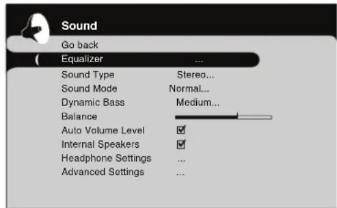 Sound Go back Equalizer Sound Type Stereo... Sound Mode Normal... Dynamic Bass Medium... Balance Auto Volume Level ✓ Internal Speakers ✓ Headphone Settings ... Advanced Settings ...
