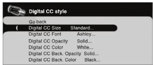 Digital CC style Go back ( Digital CC Size Standard... Digital CC Font Ashley... Digital CC Opacity Solid... Digital CC Color White... Digital CC Back. Opacity Solid... Digital CC Back. Color Black...