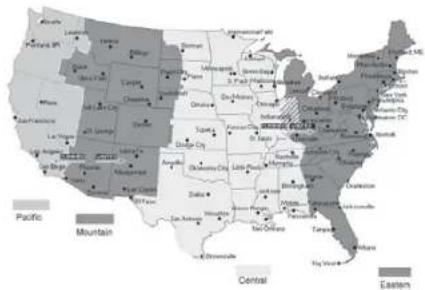 Map of the United States showing major cities and regions with labeled geographic features such as Pacific, Mountain, Central, and Eastern.