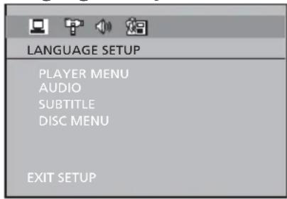 LANGUAGE SETUP PLAYER MENU AUDIO SUBTITLE DISC MENU EXIT SETUP