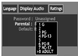Language Display Audio Ratings Password : Unassigned Parental : 1 G Default: R 2 3 PG 4 PG-13 5 6 PG-R 7 NC-17 >8 ADULT