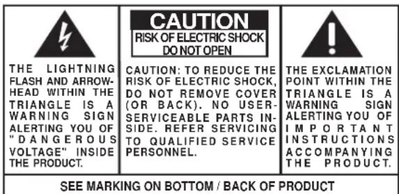 THE LIGHTNING FLASH AND ARROW- HEAD WITHIN THE TRIANGLE IS A WARNING SIGN ALERTING YOU OF "DANGEROUS VOLTAGE" INSIDE THE PRODUCT. CAUTION: TO REDUCE THE RISK OF ELECTRIC SHOCK, DO NOT REMOVE COVER (OR BACK). NO USER- SERVICEABLE PARTS IN- SIDE. REFER SERVICING TO QUALIFIED SERVICE PERSONNEL. THE EXCLAMATION POINT WITHIN THE TRIANGLE IS A WARNING SIGN ALERTING YOU OF IMPORTANT INSTRUCTIONS ACCOMPANYING THE PRODUCT. SEE MARKING ON BOTTOM / BACK OF PRODUCT