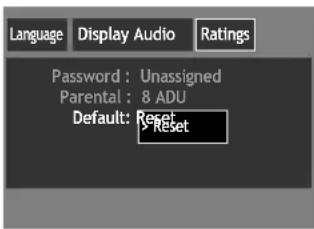 Language Display Audio Ratings Password : Unassigned Parental : 8 ADU Default: Reset Reset