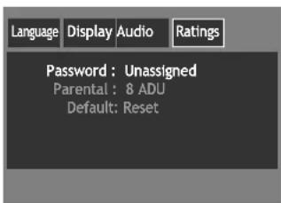 Language Display Audio Ratings Password : Unassigned Parental : 8 ADU Default: Reset