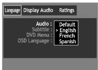 Language Display Audio Ratings Audio : Default Subtitle : > English DVD Menu : French OSD Language : Spanish