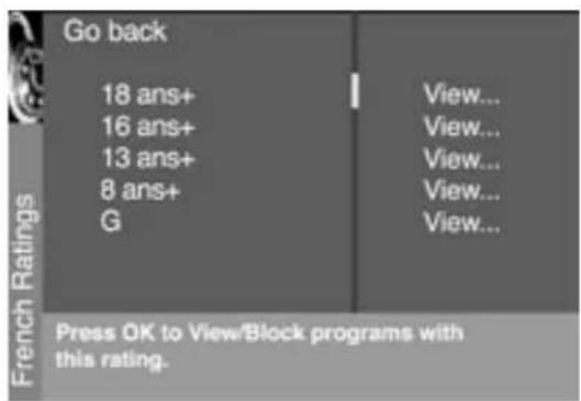 Go back 18 ans+ 16 ans+ 13 ans+ 8 ans+ G View... View... View... View... View... View... View... View... Press OK to View/Block programs with this rating.