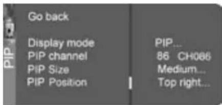 Go back Display mode PIP... PIP channel 86 CH086 PIP Size Medium... PIP Position Top right...