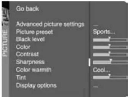 Go back Advanced picture settings Picture preset Black level Color Contrast Sharpness Color warmth Tint Display options Sports... Cool...