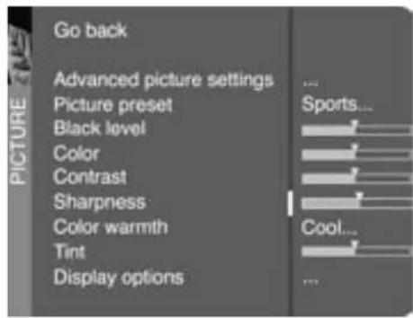 Go back Advanced picture settings Picture preset Black level Color Contrast Sharpness Color warmth Tint Display options ... Sports... Cool...