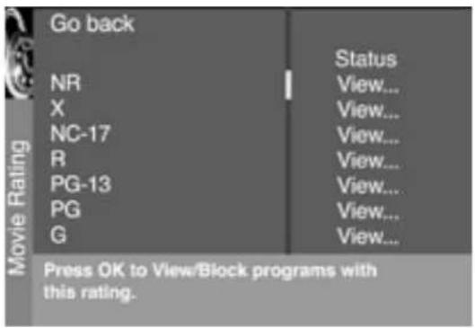 Go back NR X NC-17 R PG-13 PG G Status View... View... View... View... View... View... View... View... View... Press OK to View/Block programs with this rating.