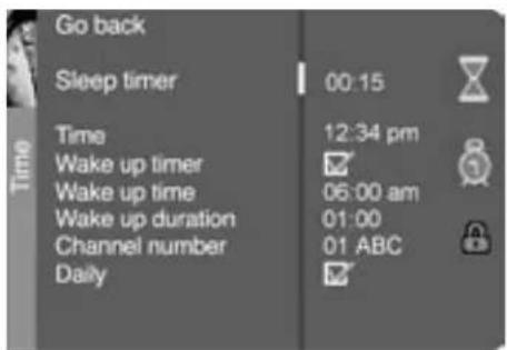 Go back Sleep timer 00:15 Time 12:34 pm Wake up timer ✓ Wake up time 06:00 am Wake up duration 01:00 Channel number 01 ABC Daily ✓