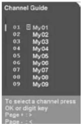 Channel Guide 01 My01 02 My02 03 My03 04 My04 05 My05 06 My06 07 My07 08 My08 09 My09 To select a channel press OK or digit key Page : : > Page : :