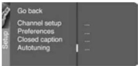 Go back Channel setup Preferences Closed caption Autotuning