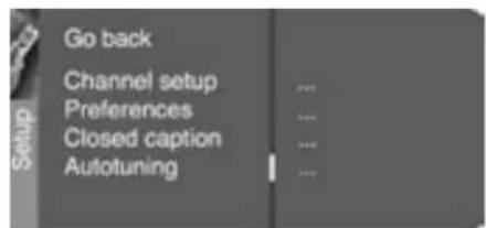 Go back Channel setup Preferences Closed caption Autotuning