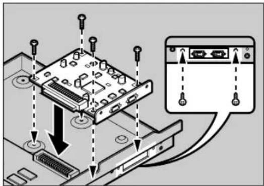 Diagram showing a computer motherboard with connectors and a close-up of the device's internal components, likely illustrating an electronics or hardware setup.
