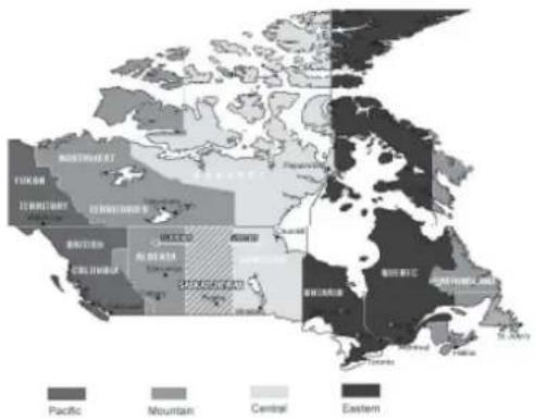 Map of North America showing regional divisions: Pacific, Mountain, Central, and Eastern regions with labeled countries.