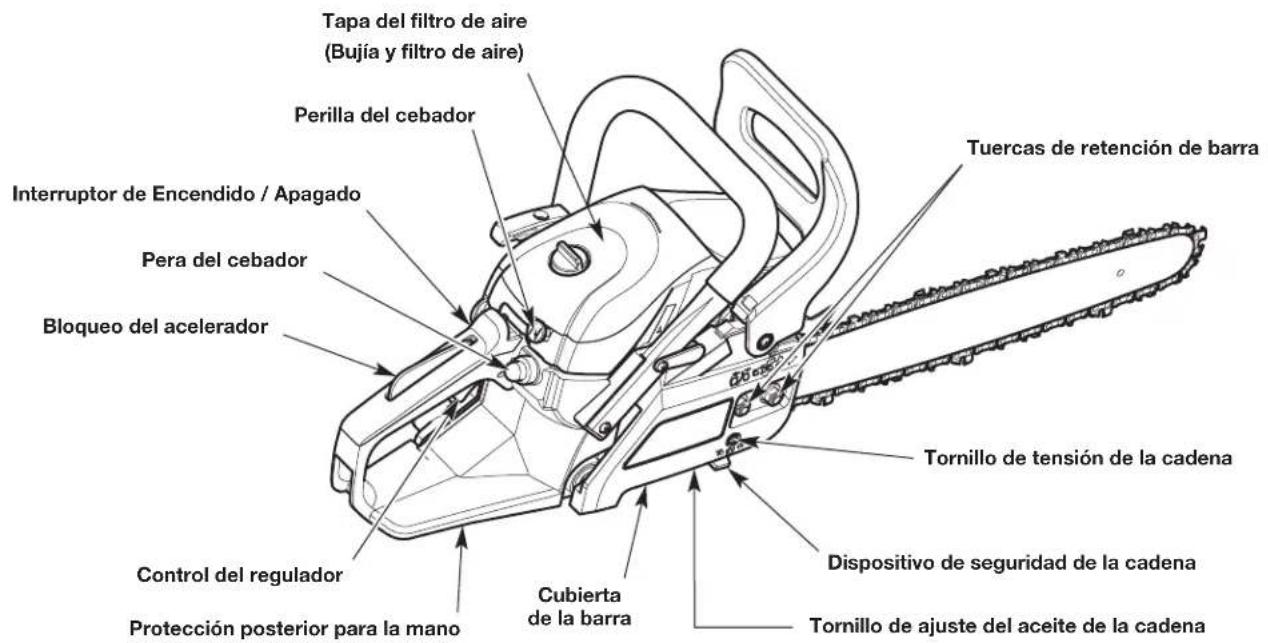 Tapa del filtro de aire (Bujía y filtro de aire) Perilla del cebador Interruptor de Encendido / Apagado Pera del cebador Bloqueo del acelerador Control del regulador Protección posterior para la mano Cubierta de la barra Tuercas de retención de barra Tornillo de tensión de la cadena Dispositivo de seguridad de la cadena Tornillo de ajuste del aceite de la cadena