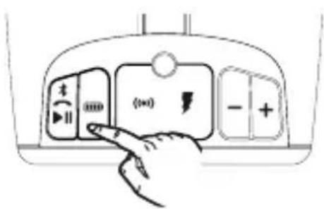 Diagram showing a hand pressing a button on a device panel with icons for positive and negative polarity labels