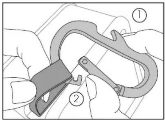 Diagram showing two labeled parts of a mechanical clamp or clip device, numbered 1 and 2, with hands holding the clip.