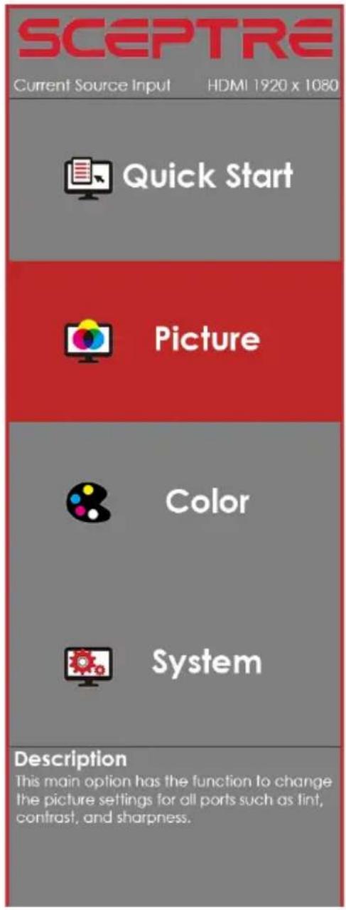 SCEPTRE Current Source Input HDMI 1920 x 1080 Quick Start Picture Color System Description This main option has the function to change the picture settings for all ports such as tint, contrast, and sharpness.