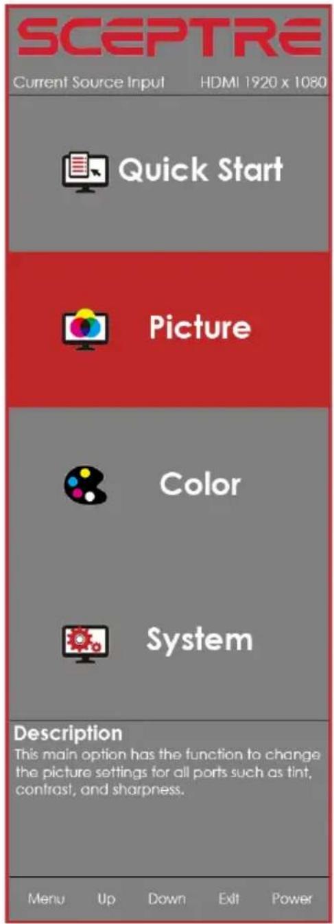 SCEPTRE Current Source Input HDMI 1920 x 1080 Quick Start Picture Color System Description This main option has the function to change the picture settings for all ports such as tint, contrast, and sharpness. Menu Up Down Exit Power
